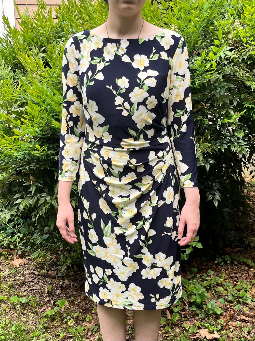 Lauren Ralph Lauren Black Floral Sheath Dress with Yellow and White Blooms